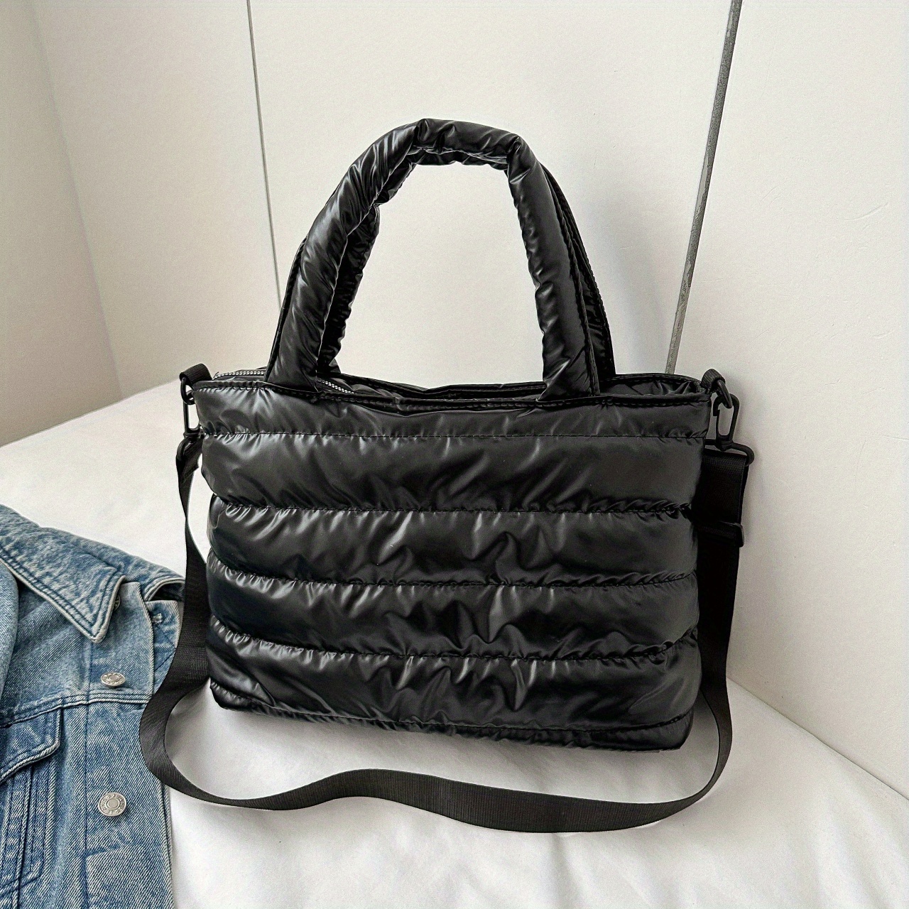 TEMU 1 szt. Stylowa Czarna Pikowana Torba na Ramię z Wieloma Kieszeniami - Duża Pojemność, Zamek Błyskawiczny, Materiał Nylonowy, Idealna dla Kobiet,