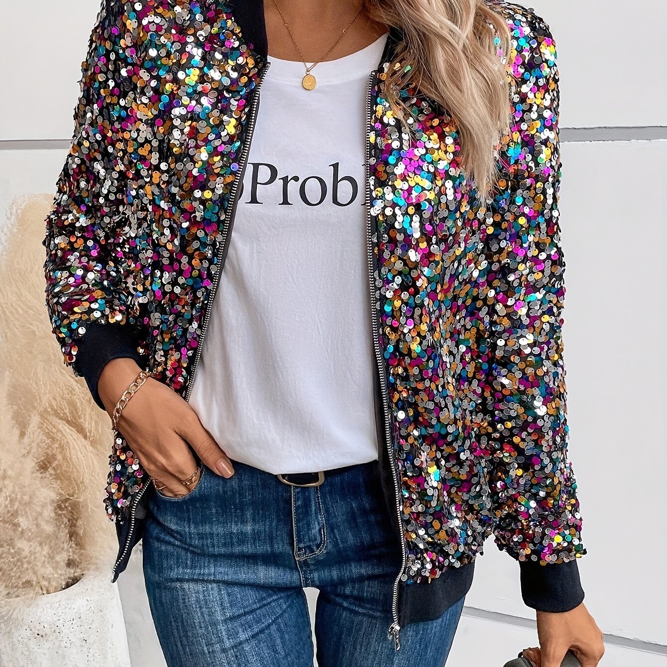 TEMU Elegancka Kurtka z Cekinami dla Kobiet - Styl Bombowca z Zipsem, Stójką Baseballową, Długimi Rękawami i Kolorowym Wzorem w Kropki - Idealna na