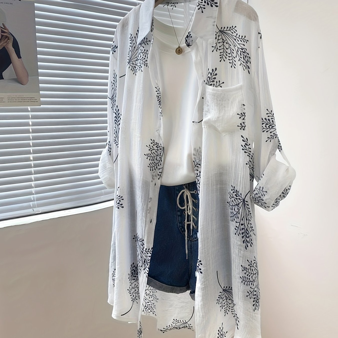 TEMU Dziewczęca lekka koszulka z polskimi plamami z długim rękawem - swobodny kardigan z fałszywymi guzikami z przodu, żywy żółty tropikalny nadruk,