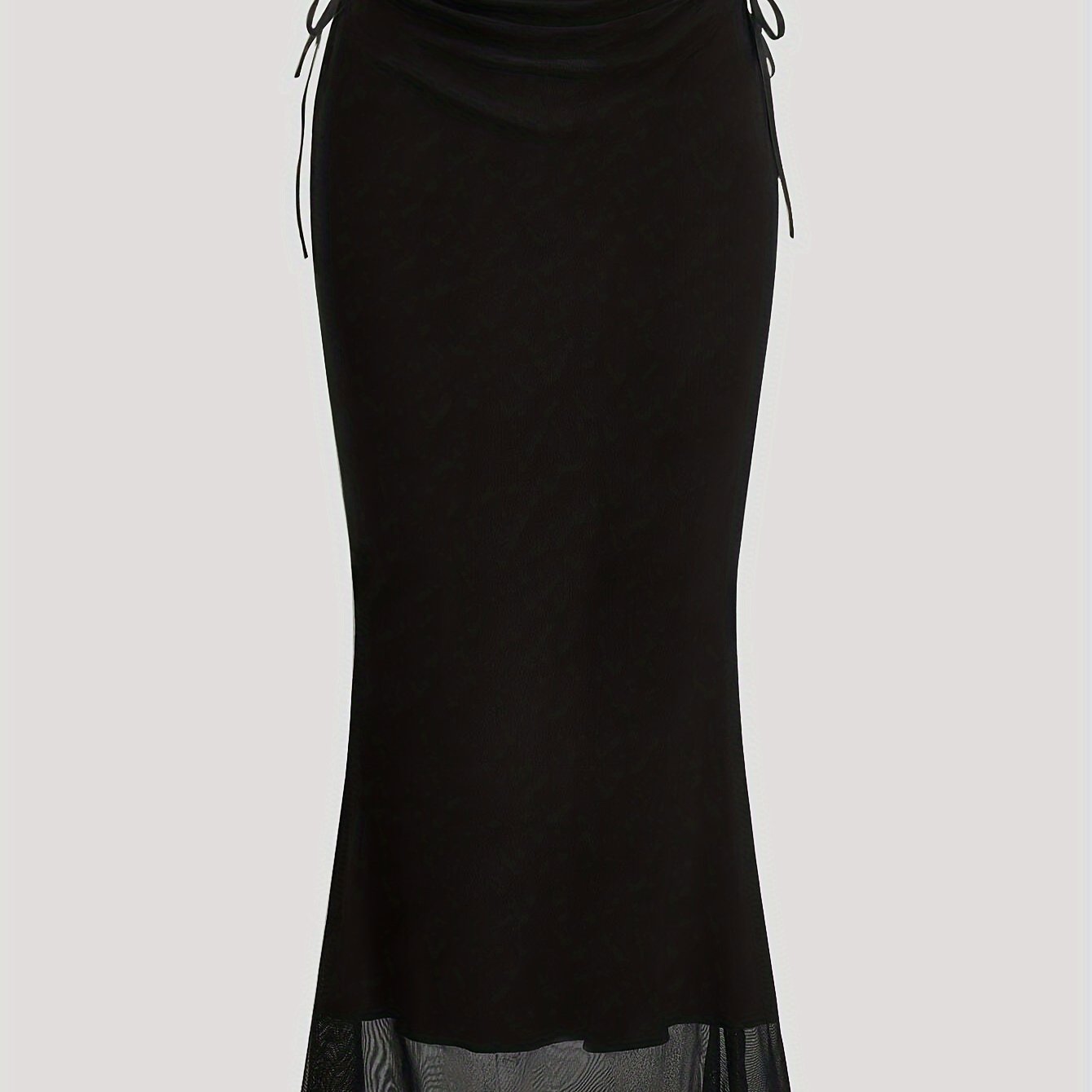 TEMU Elegancka Czarna Spódnica Midi dla Kobiet z Przezroczystym Sznurowaniem - Elastyczna Mieszanka Nylonu, Falbanka na Dołku, Idealna na