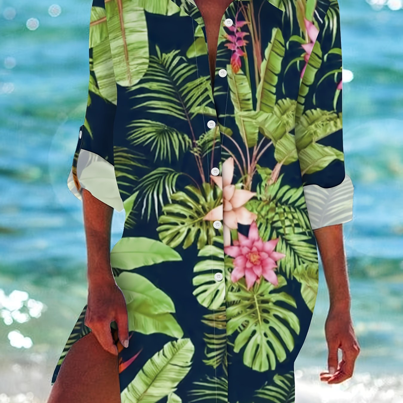 TEMU Damska Casualowa Sukienka z Długim Rękawem w Kwiaty - Luźny Krój, Kołnierzyk na Guziki, Idealna na Plażę i na Każdą Porę Roku