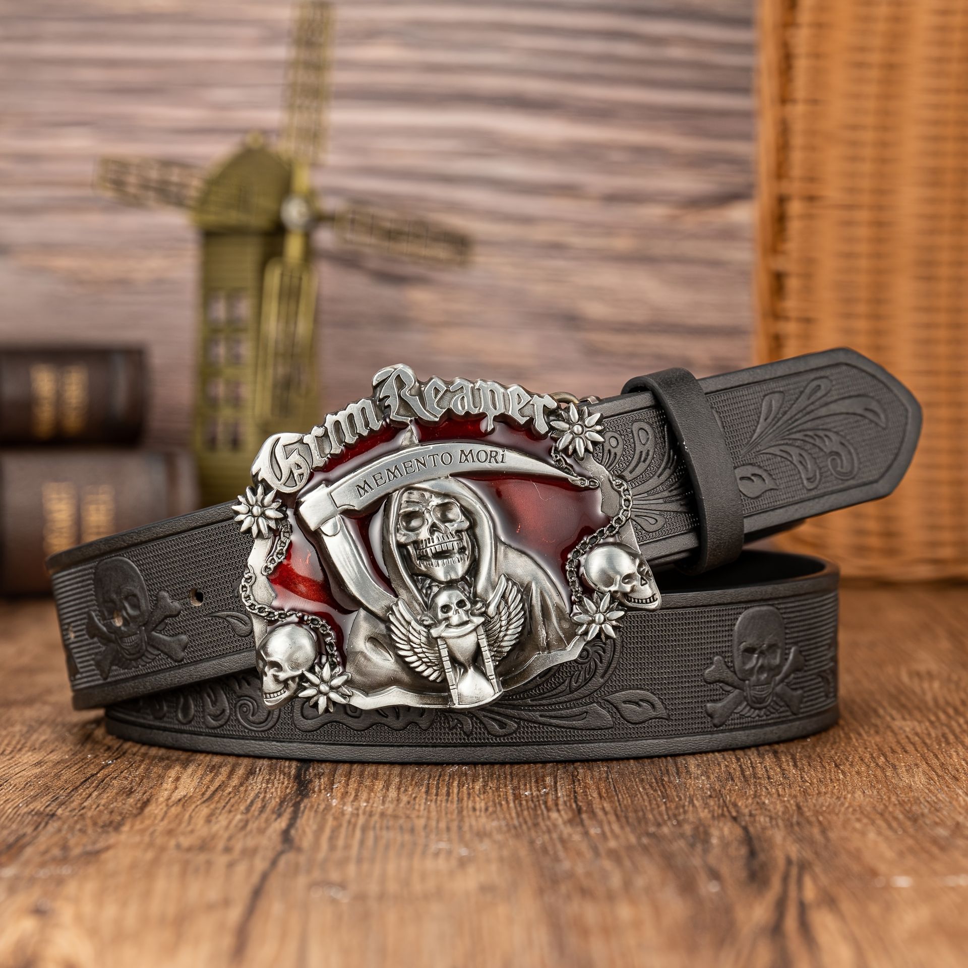 TEMU Pasek Na Sprzączkę Z Sierpem Czaszki I Głową Ducha Na Czerwonym Tle, Modny, Uniwersalny Pasek Z Wytłoczoną Czaszką Na Halloween