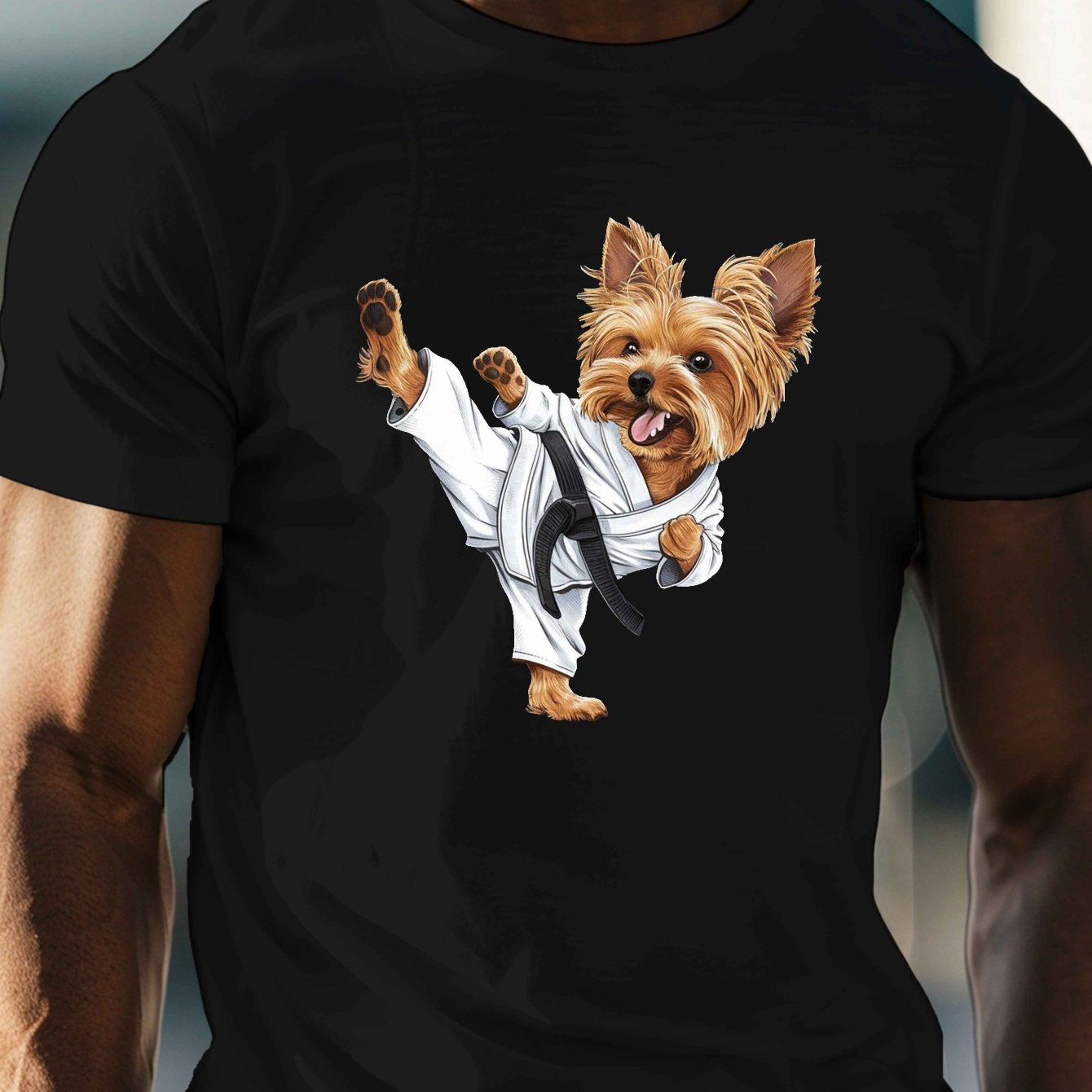 TEMU Męska koszulka Yorkshire Terrier Martial Arts, T-shirt z okrągłym dekoltem i krótkim rękawem, 100% dzianina poliestrowa, lekki rozciągliwy,