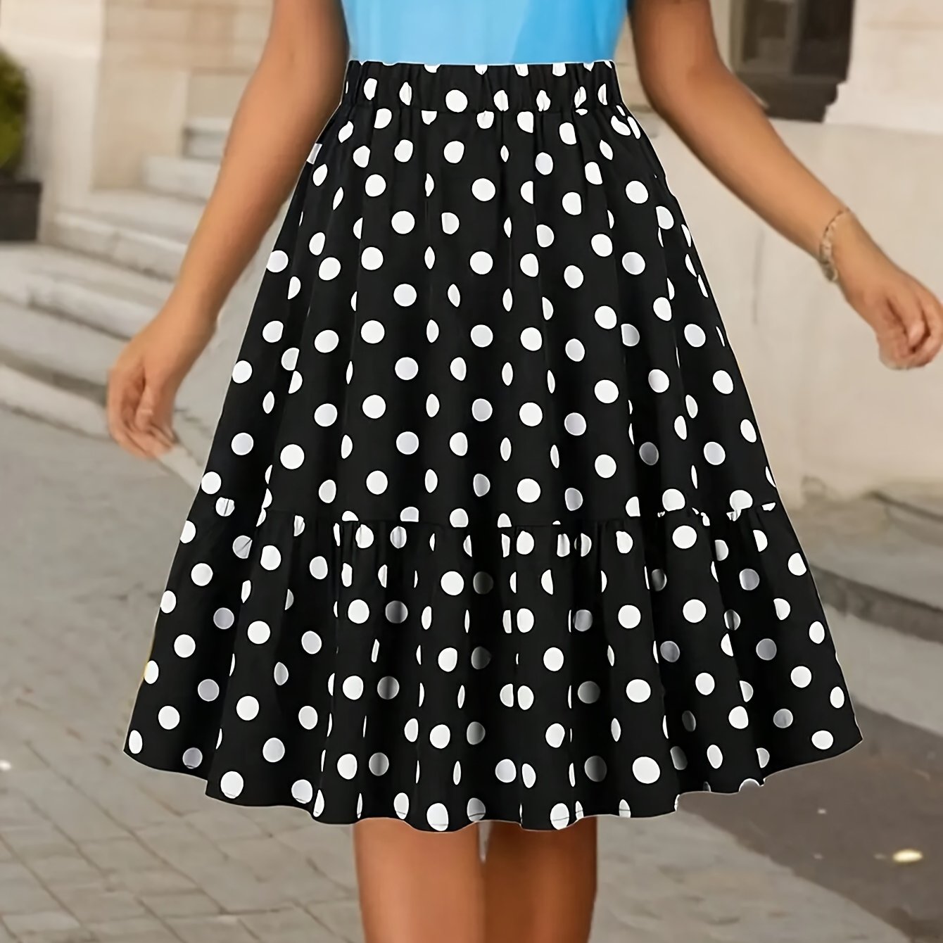 TEMU Damska Prosta Spódnica w Kropki z Falbanką, Styl Casual na Wakacje i Dojazdy