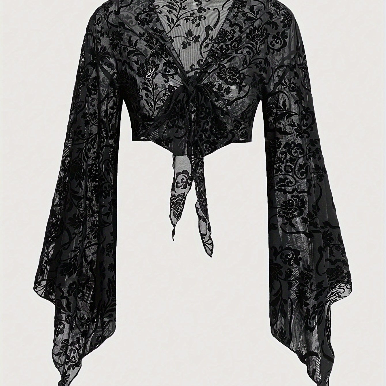 TEMU Elegancki kardigan z koronkowym dekoltem w serek dla kobiet - kwiatowy, flokowany, przezroczysty tiul, mieszanka poliestru (95% poliester, 5%