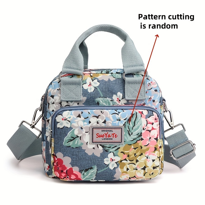 TEMU Kobieca Torba na Ramię z Kwiatowym Nadrukiem - Regulowany Pasek, Wiele Przegródek, Jasnoniebiesko-Biała Kompozycja , Lekka i Wygodna do