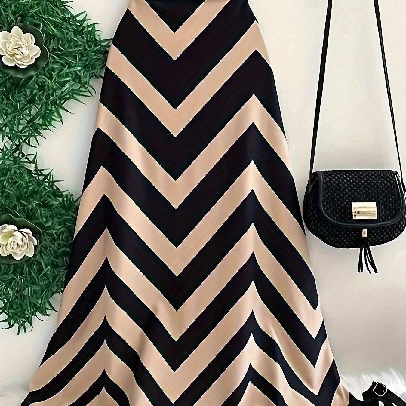 TEMU Damska spódnica maxi z geometrycznym nadrukiem, z wysokim stanem i rozkloszowanym krojem