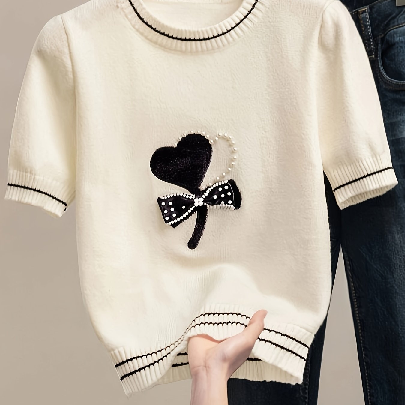 TEMU Modny Sweter z Blokami Kolorów dla Kobiet - Casualowy, Krótki Rękaw, Okrągły Dekolt, Oddychająca Mieszanka Wiskozy, Idealny na Każdą Porę Roku