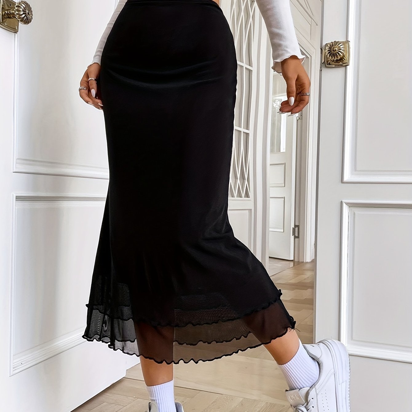 TEMU Solidna Warstwowa Spódnica O Kroju Syreny, Elegancka Spódnica Z Wysokim Stanem Na Wiosnę I Jesień, Odzież Damska