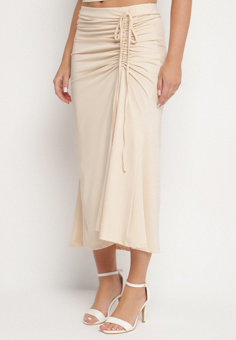 Beżowa Spódnica z Wiskozą i Wysokim Stanem Ozdobiona Wiązaniem i Marszczeniem Tefaina