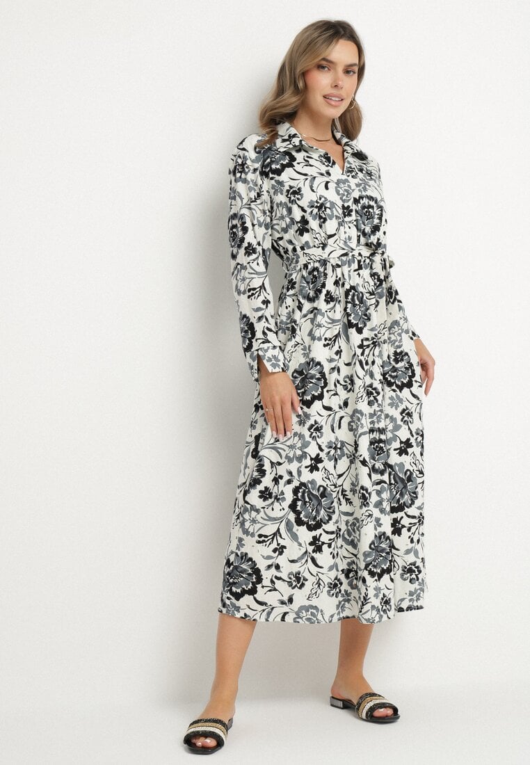 Niebieska Sukienka Koszulowa z Wiskozy w Kwiaty z Wiązanym Paskiem Lorkia