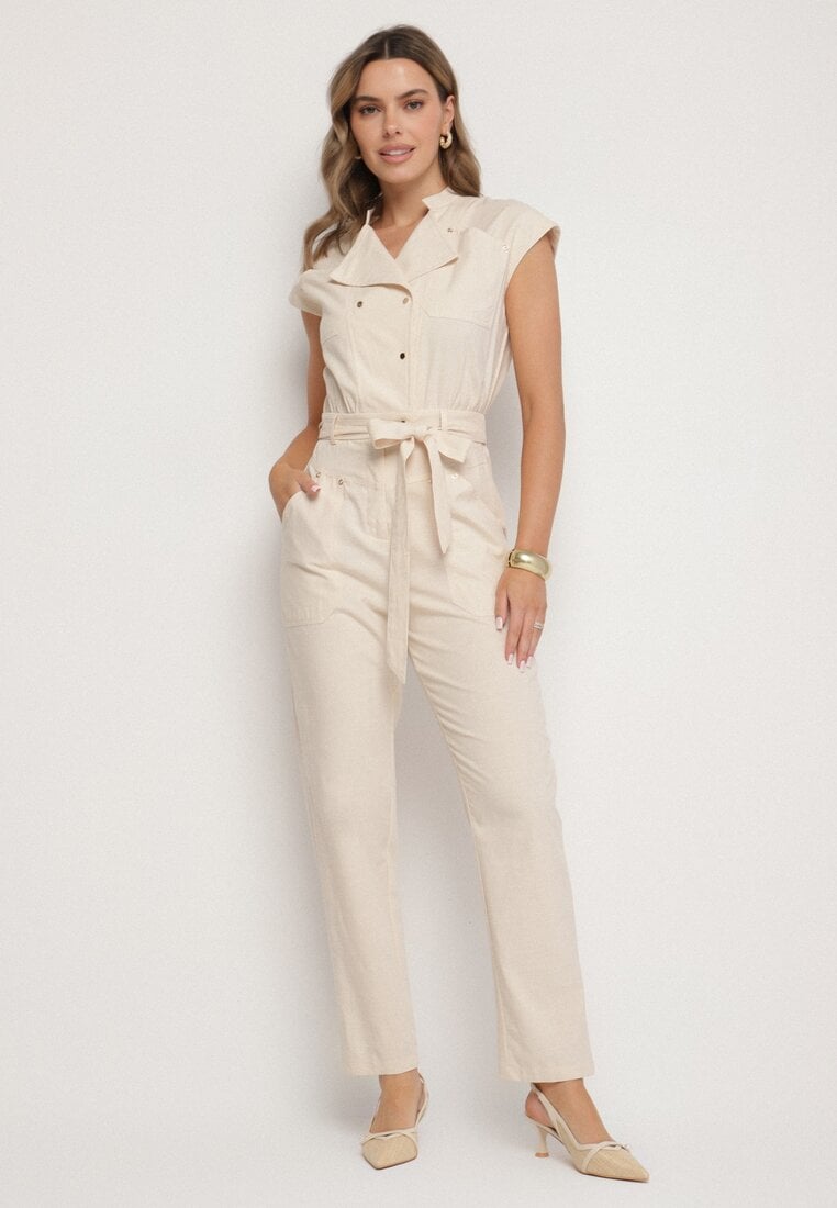 Beżowy Kombinezon z Wiskozą o Koszulowym Kroju z Wiązanym Paskiem i Napami Sepalisa