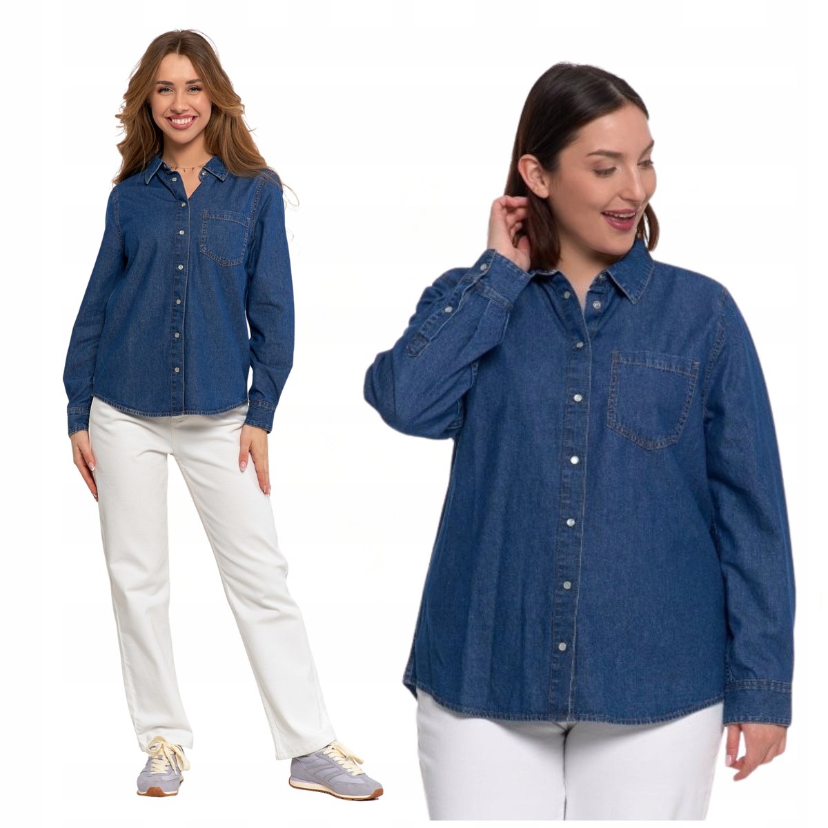 Luźna Koszula Jeansowa Damska Rozpinana Modna 100% Bawełna Klasyk MORAJ M