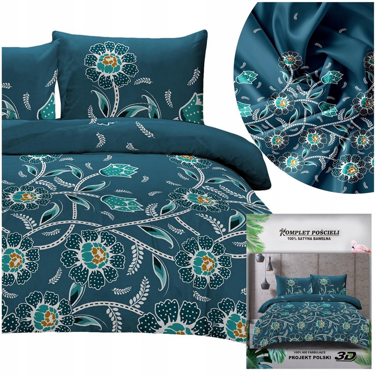 Pościel MARIA poszewki 70x80 komplet 160x200 3cz satynowa stylowa kwiaty