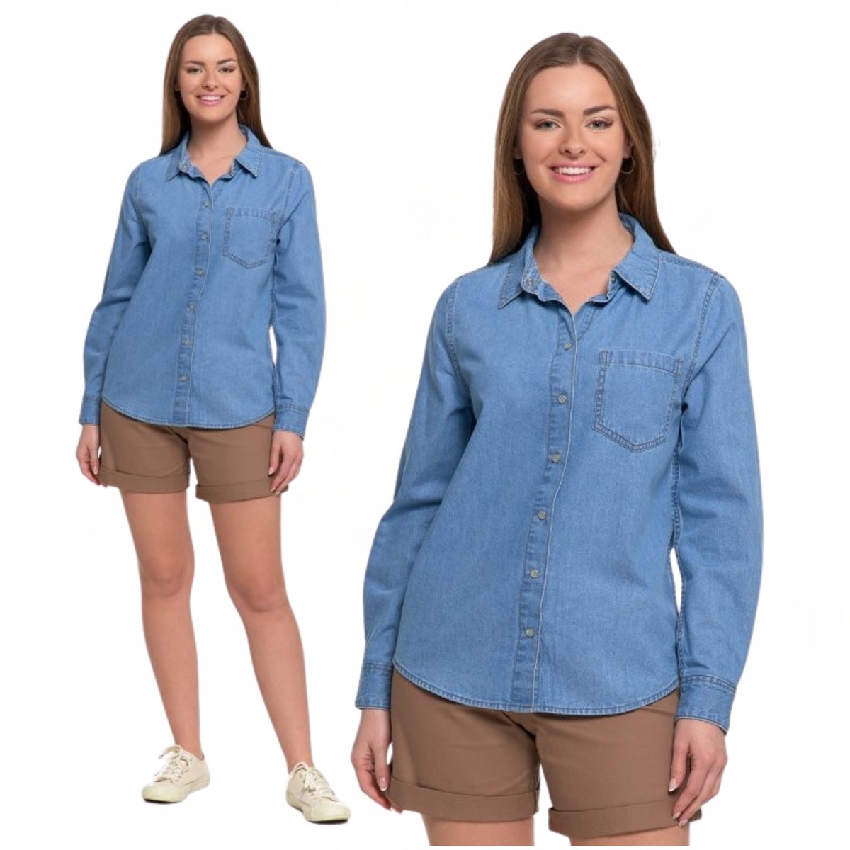 Luźna Koszula Jeansowa Damska Rozpinana Modna 100% Bawełna Klasyk MORAJ S