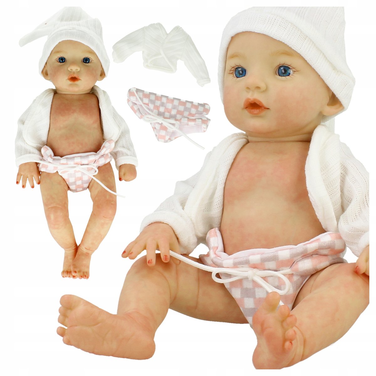 Lalka Bobas Dzidziuś Noworodek z Rumieńcami 32cm Siedzi w Ubranku