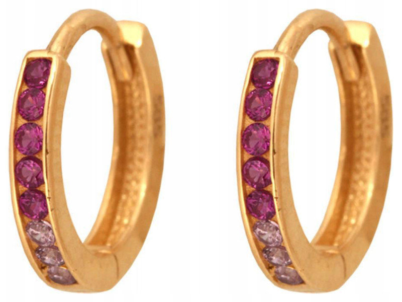 Złote kolczyki 585 klasyczne kółeczka z różowymi cyrkoniami