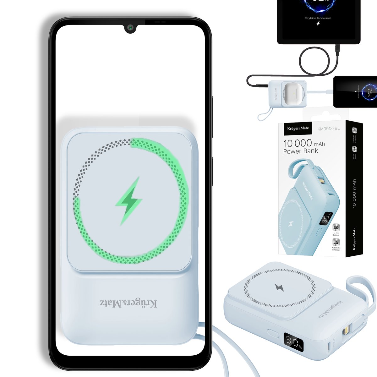 POWER BANK indukcyjny Kruger&Matz 10000 mAh Mag Safe z kablem niebieski