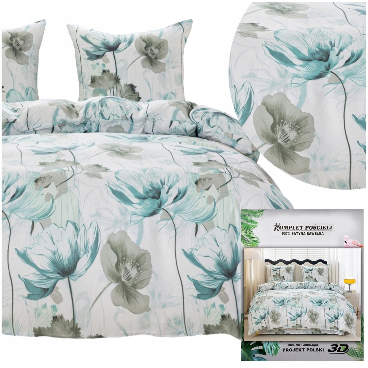 Pościel MARIA poszewka 70x80 komplet 200x220 3cz satynowa stylowa kwiaty