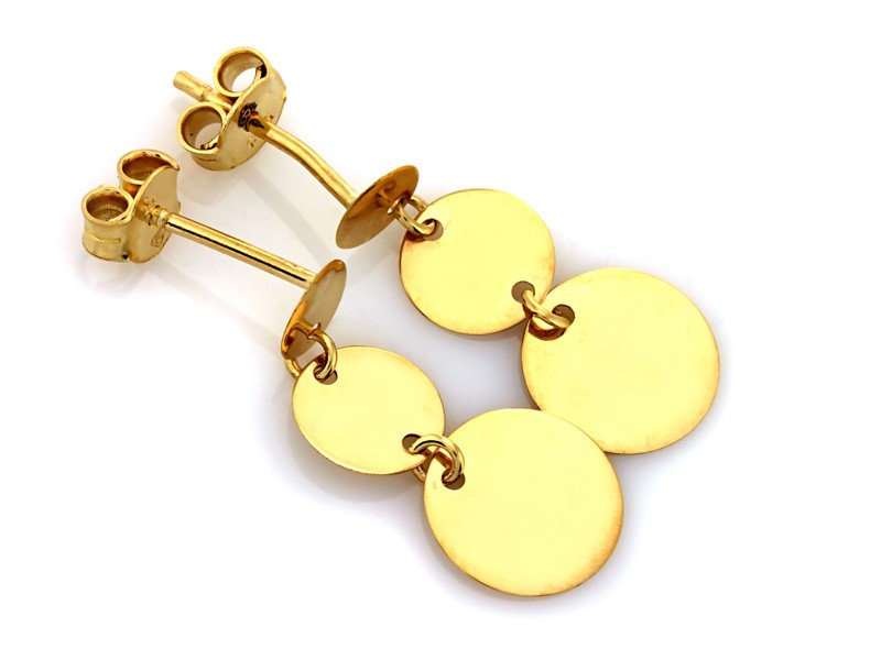 Złote kolczyki 585 z trzema wiszącymi okrągłymi blaszkami na sztyfcie 14k s