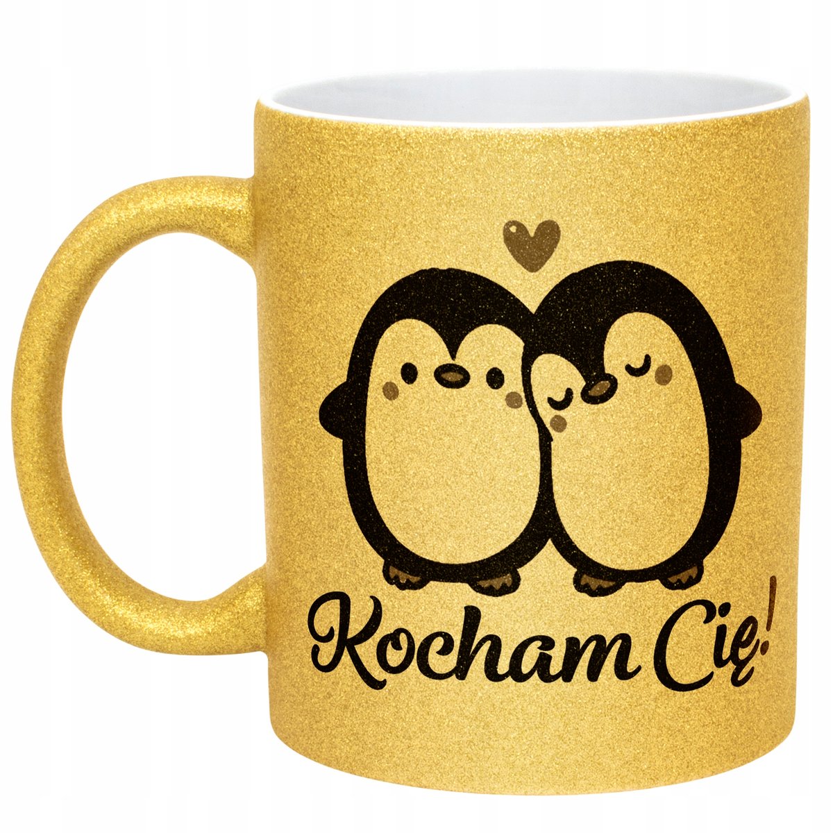 Złoty kubek brokatowy Walentynki Kocham Cię Pingwiny Prezent