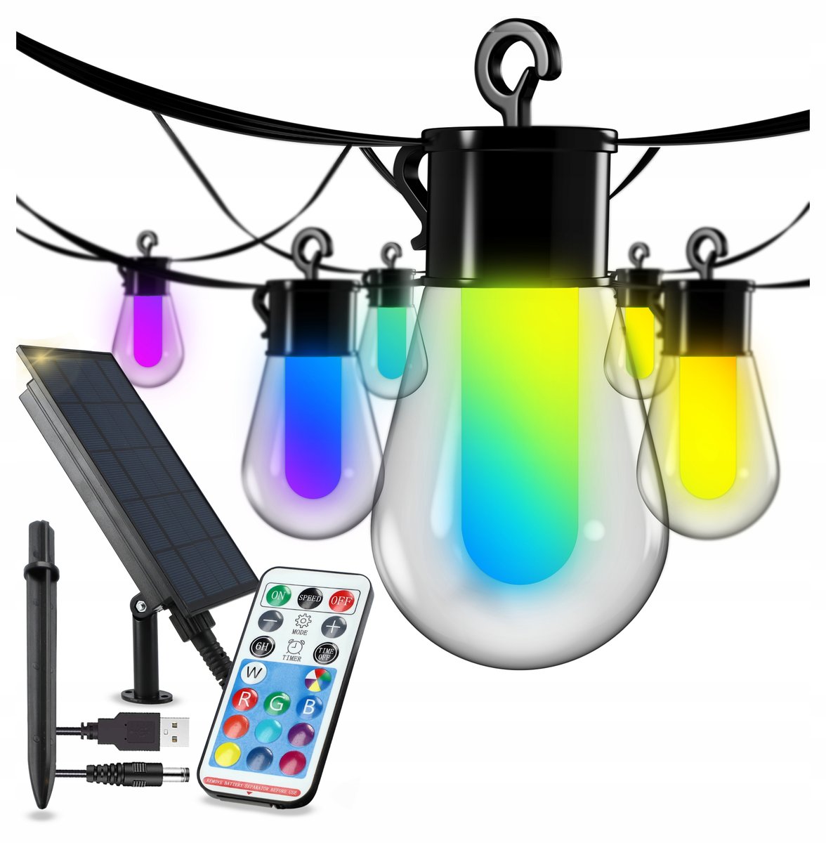 Girlanda Solarna Ogrodowa Lampki Solarne RGB Łańcuch 6m 15 Żarówek + Pilot