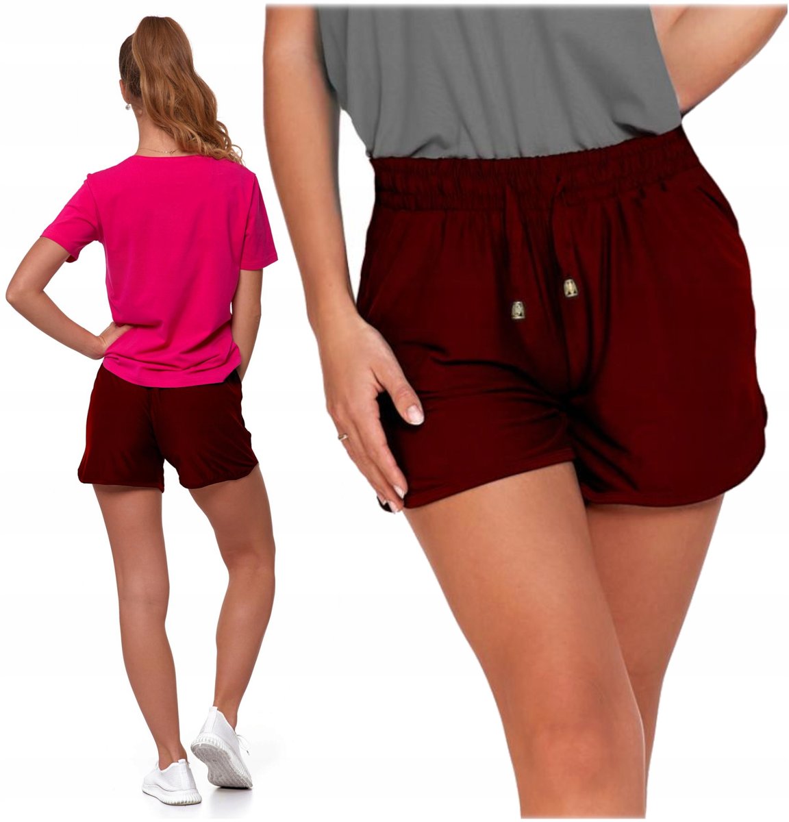 Szorty Damskie Krótkie Spodenki Dresowe Bordowe Wiązane Wygodne MORAJ S/M
