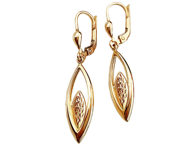 Złote kolczyki 585 wiszące migdały z diamentowaniem na angielskie zapięcie