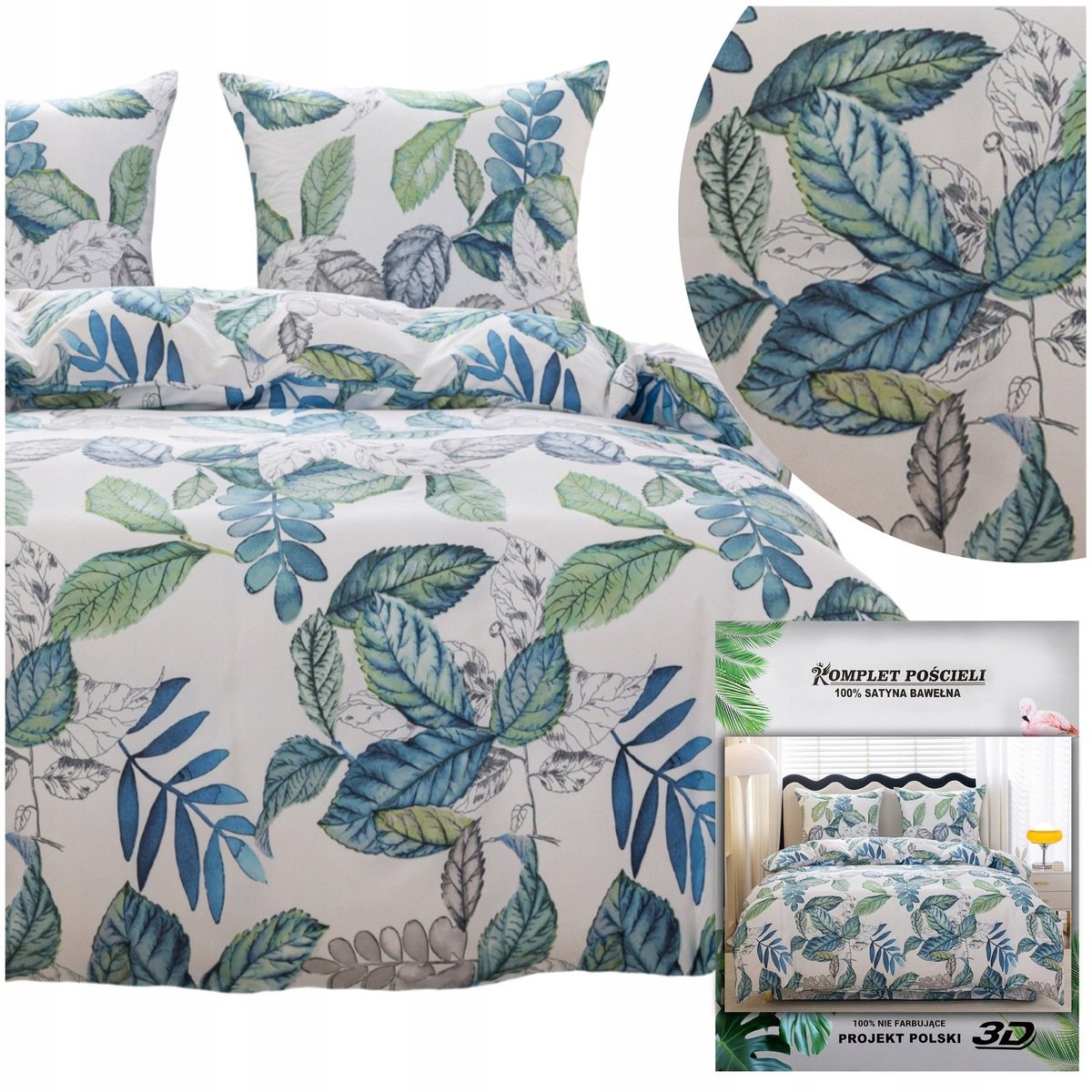 Pościel MARIA poszewka 70x80 komplet 200x220 3cz satynowa stylowa liście