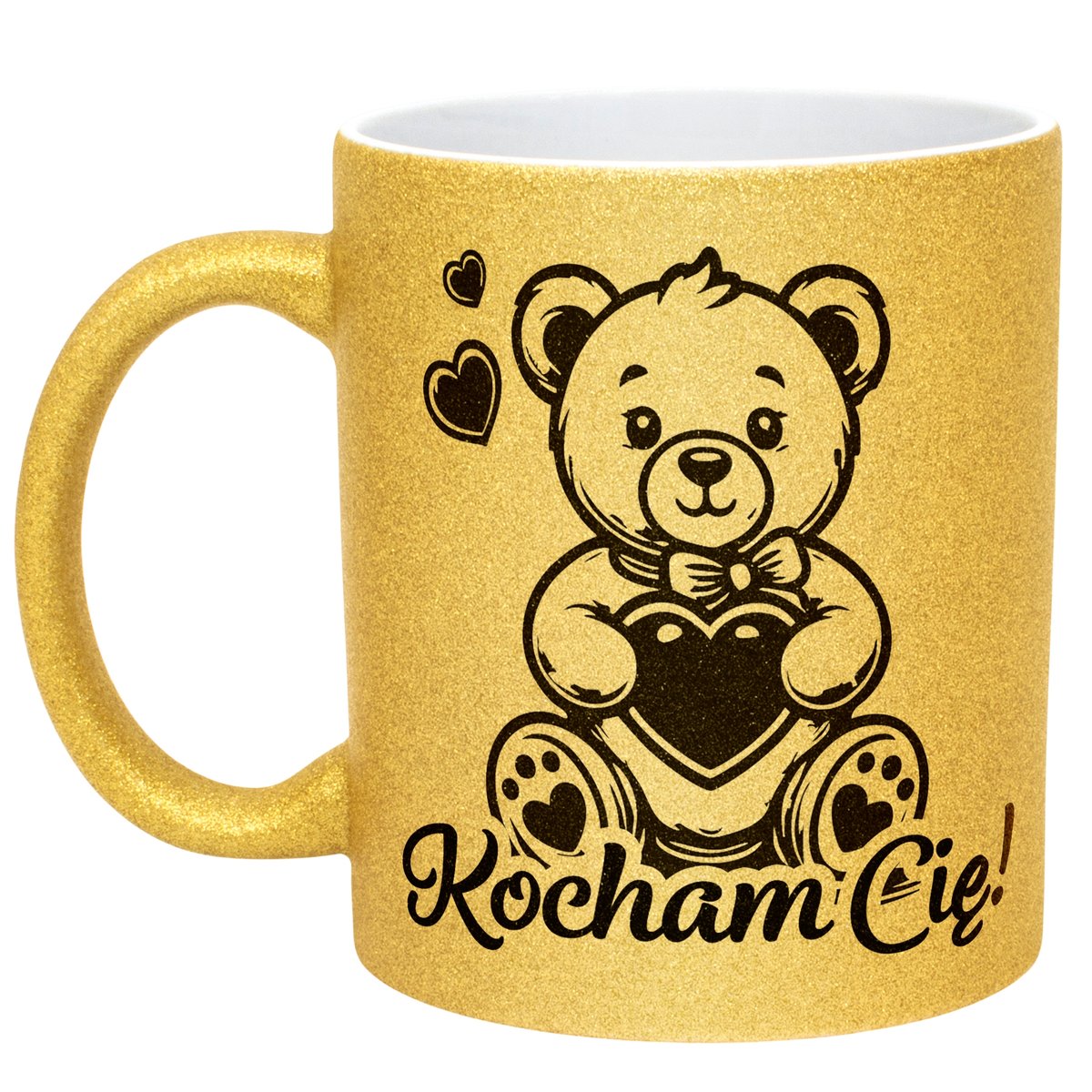 Złoty kubek brokatowy Walentynki Kocham Cię Miś Prezent