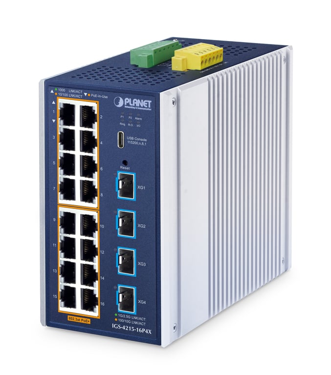 PLANET ndustrial L2+ 16-Port 10/100/1000T 802.3at PoE + 4-Port 10G SFP+ Managed Ethernet Switch Zarządzany L2+ Gigabit Ethernet (10/100/1000) Obsługa PoE Aluminium, Niebieski