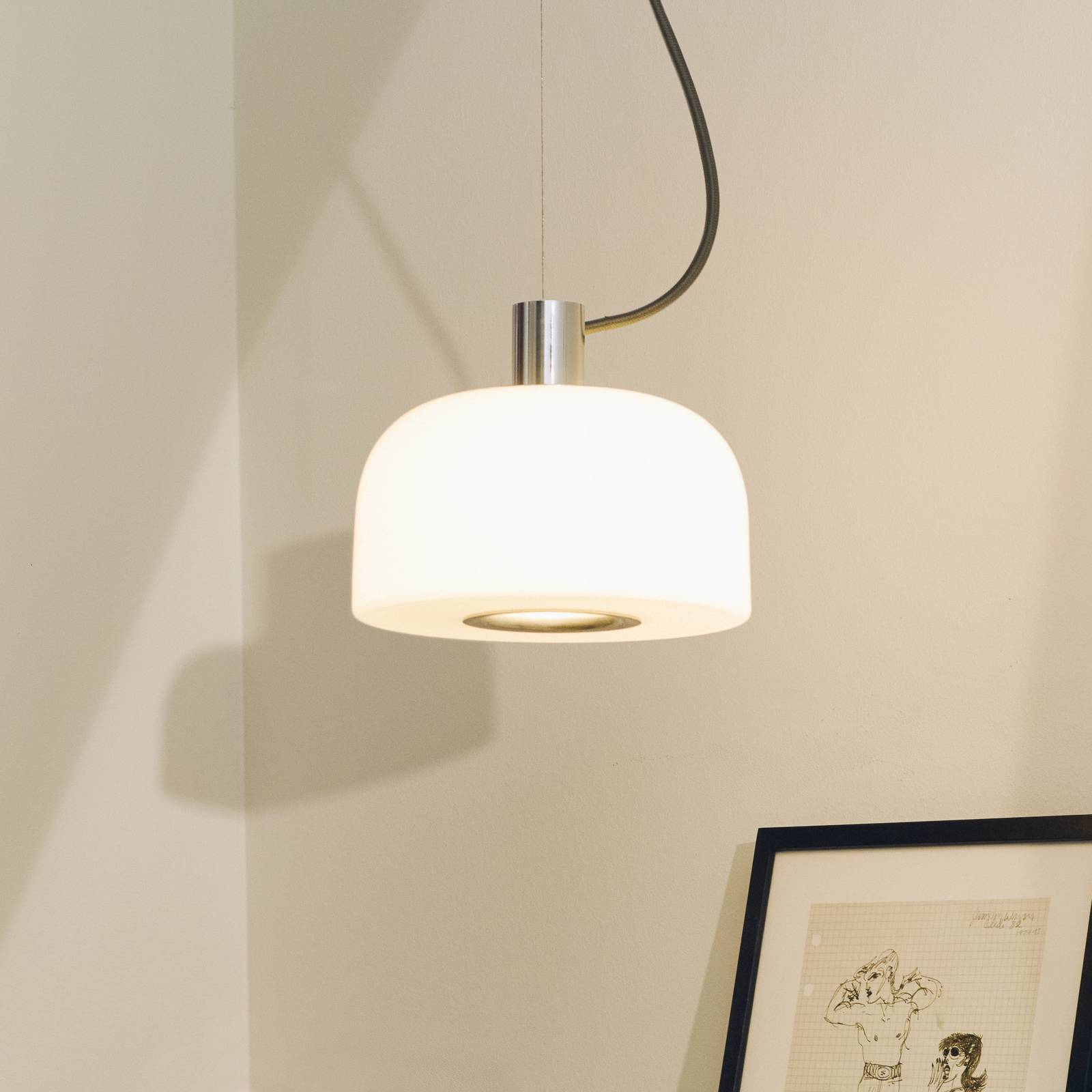 FLOS Lampa wisząca designerska Bellhop Glass S1, możliwość ściemniania, biały / opal, sypialnia, szkło
