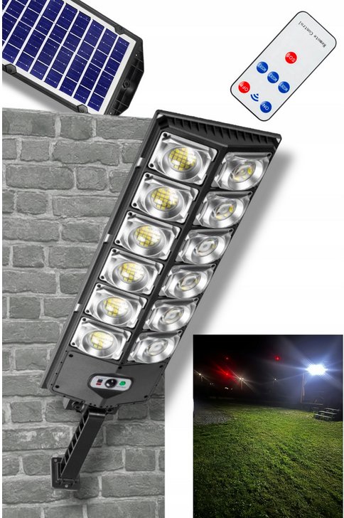 LAMPA SOLARNA 1200W Z CZUJNIKIEM RUCHU I ZMIERZCHU OGRODOWA + PILOT MOCNA