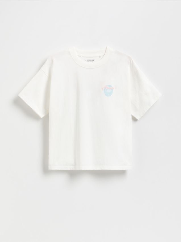 Reserved - T-shirt z nadrukiem na plecach - złamana biel