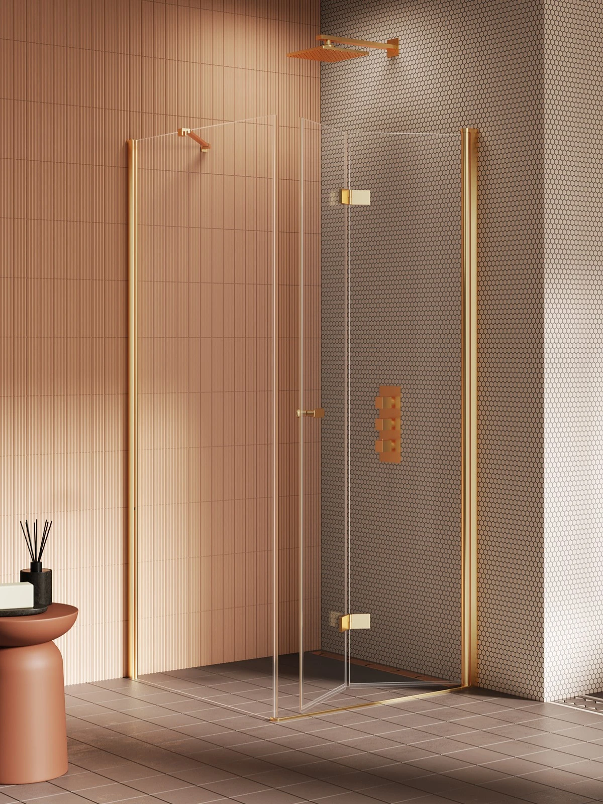 NEW TRENDY K-4278 NZ2 Kabina prysznicowa NEW SOLEO GOLD BRUSHED 1D prostokątna P 70x120x195 szkło czyste 6mm Active Shield 2.0 - składane