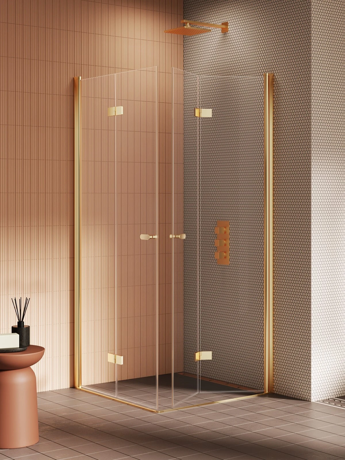 NEW TRENDY K-4300 NZ2 Kabina prysznicowa NEW SOLEO GOLD BRUSHED 2D prostokątna 70x100x195 szkło czyste 6mm Active Shield 2.0 - składane