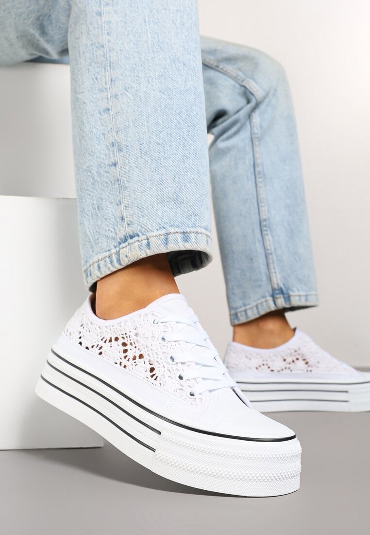 Białe Trampki na Grubej Podeszwie z Ażurową Cholewką Felariona