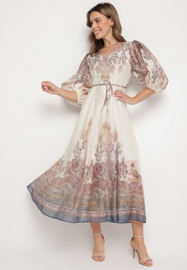 Jasnobeżowa Sukienka z Wiskozy o Rozkloszowanym Kroju z Wiązaniem w Talii Redaeva