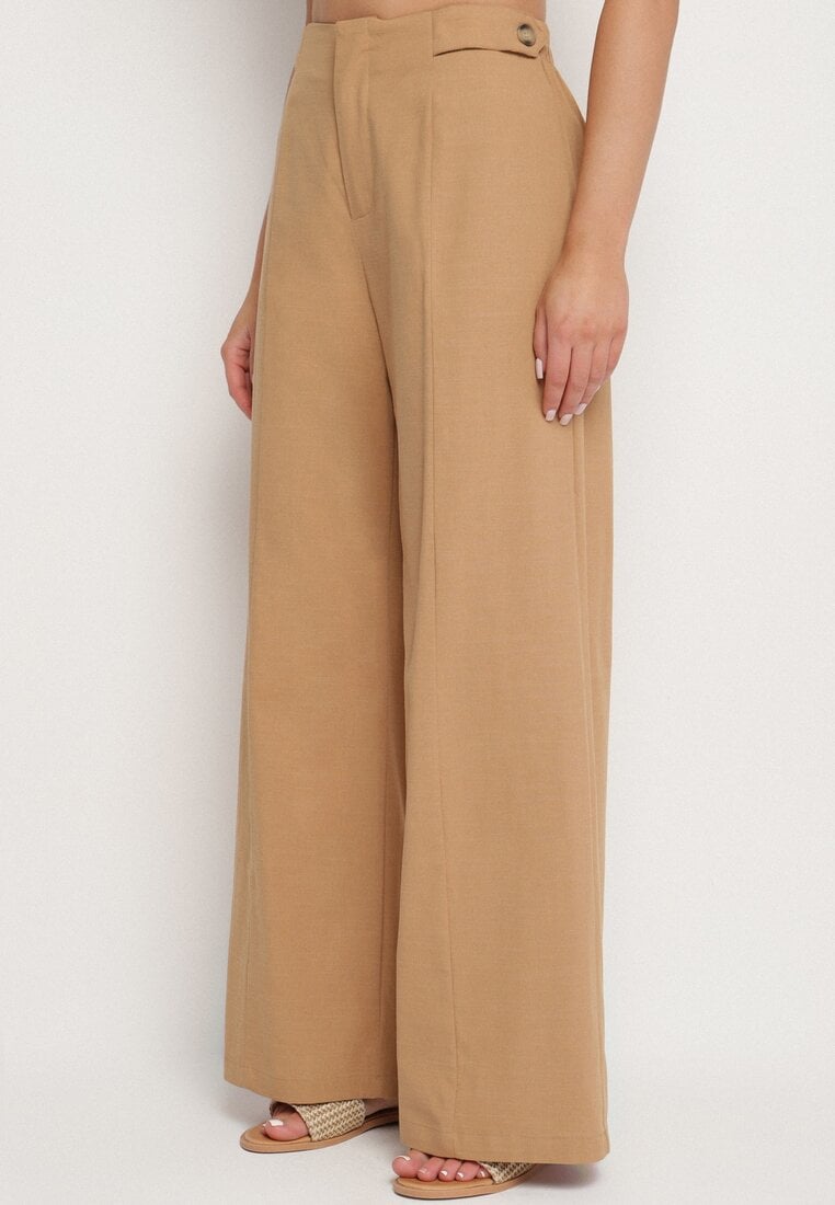 Ciemnobeżowe Szerokie Spodnie z Wiskozą Bawełną i Imitacją Kieszeni Divoppa