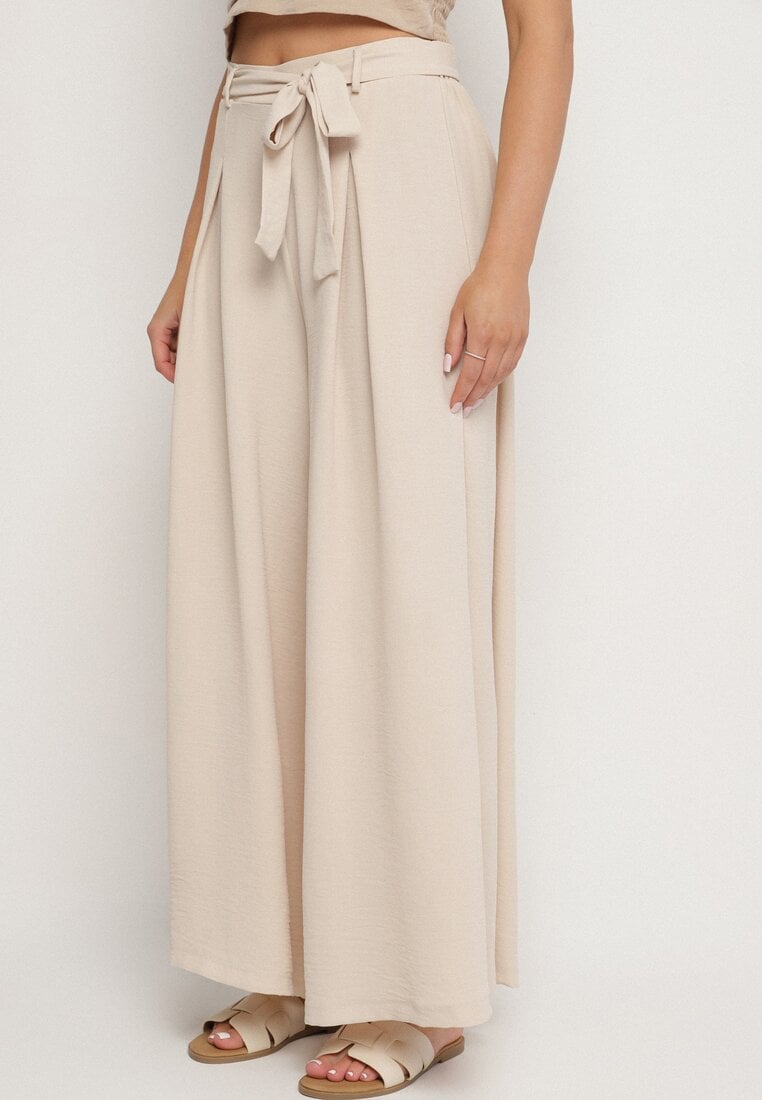 Beżowe Szerokie Spodnie z Bawełną i Wysokim Stanem Ozdobione Paskiem Seleldi