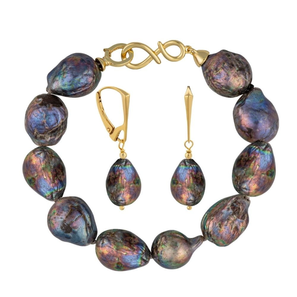 ENAYA NELLIE NOIR Komplet bransoletka kolczyki duże czarne perły barokowe owalne srebro