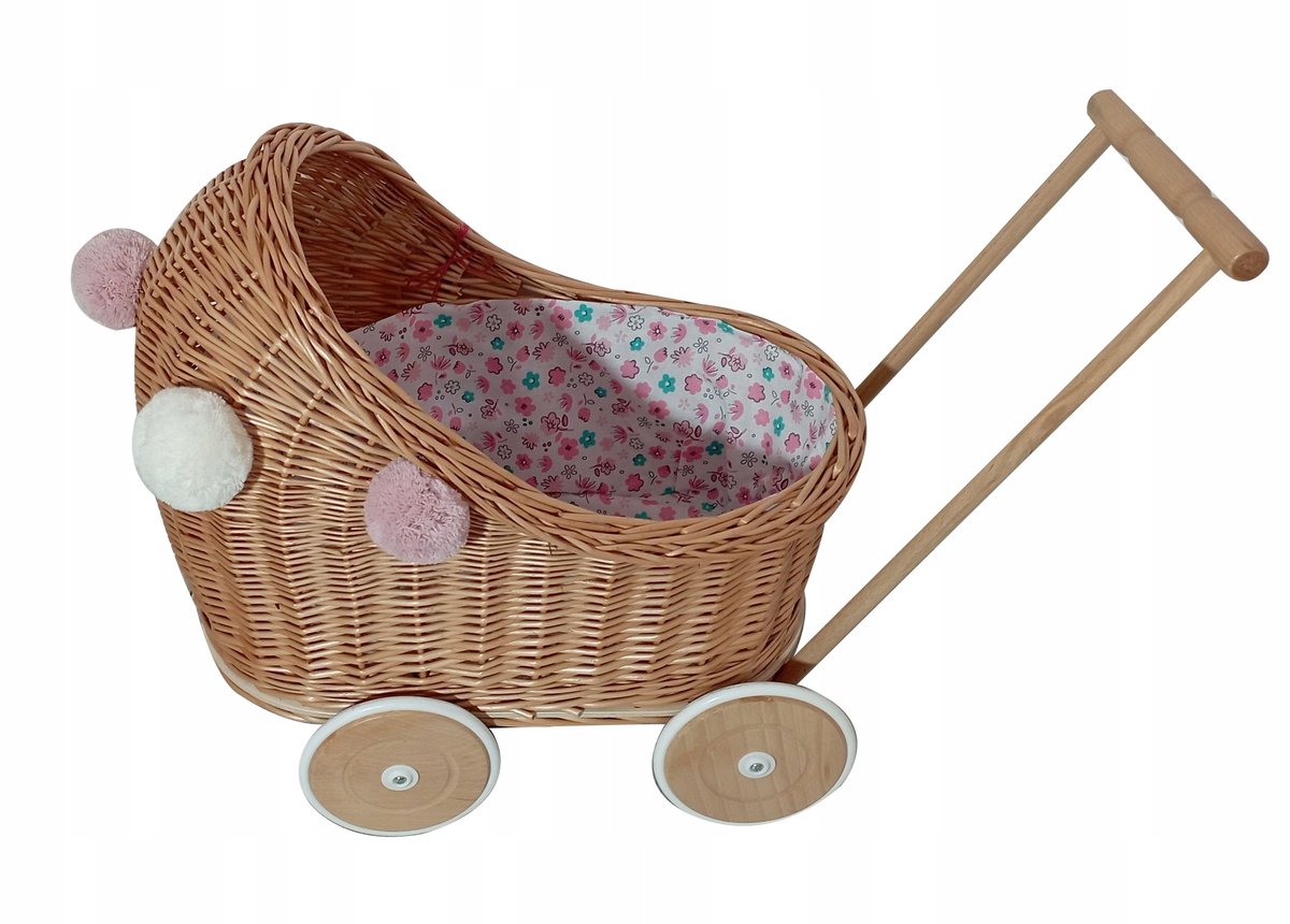 Wózek wiklinowy dla lalek z pościelą i pomponami
