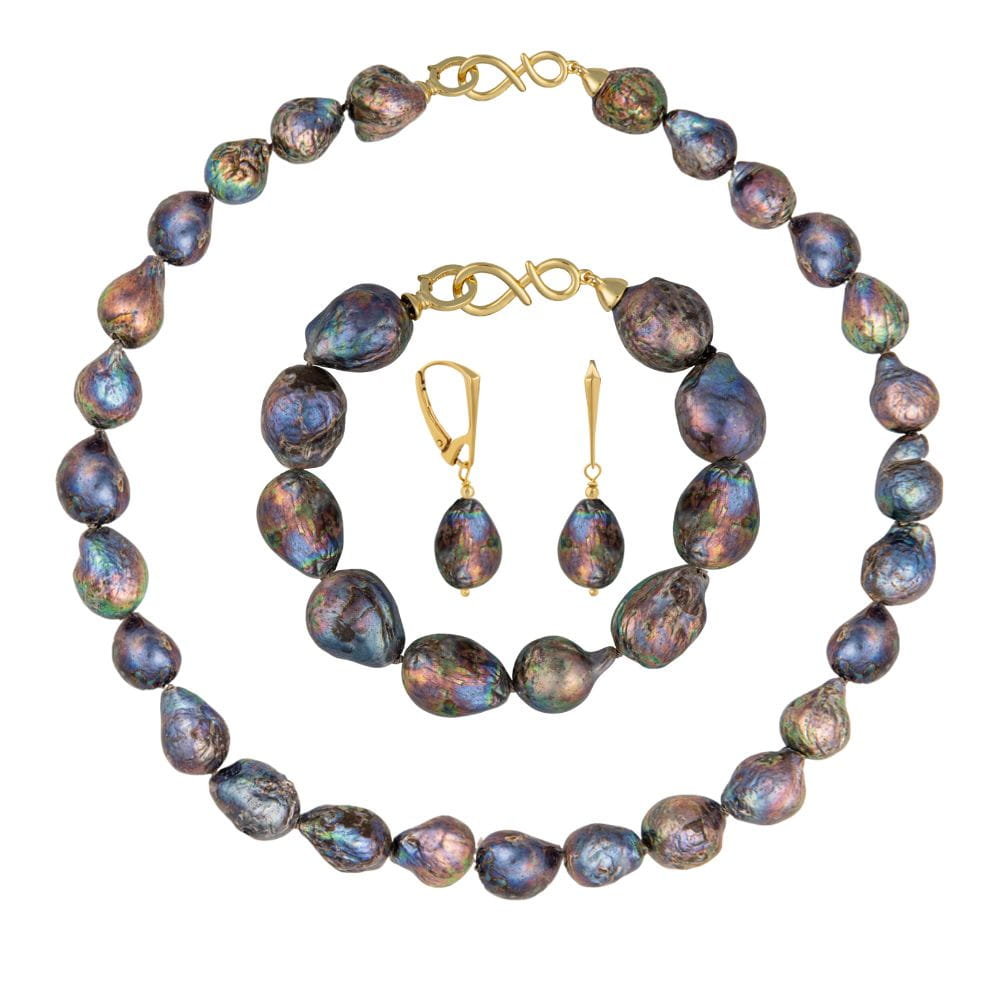 ENAYA NELLIE NOIR Komplet naszyjnik bransoletka kolczyki duże perły barokowe czarne owalne srebro - 40 cm