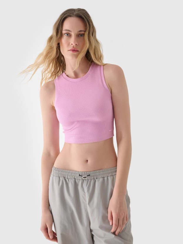 Crop top slim damski 4F 4FWSS24TSLEF066-56S Różowy