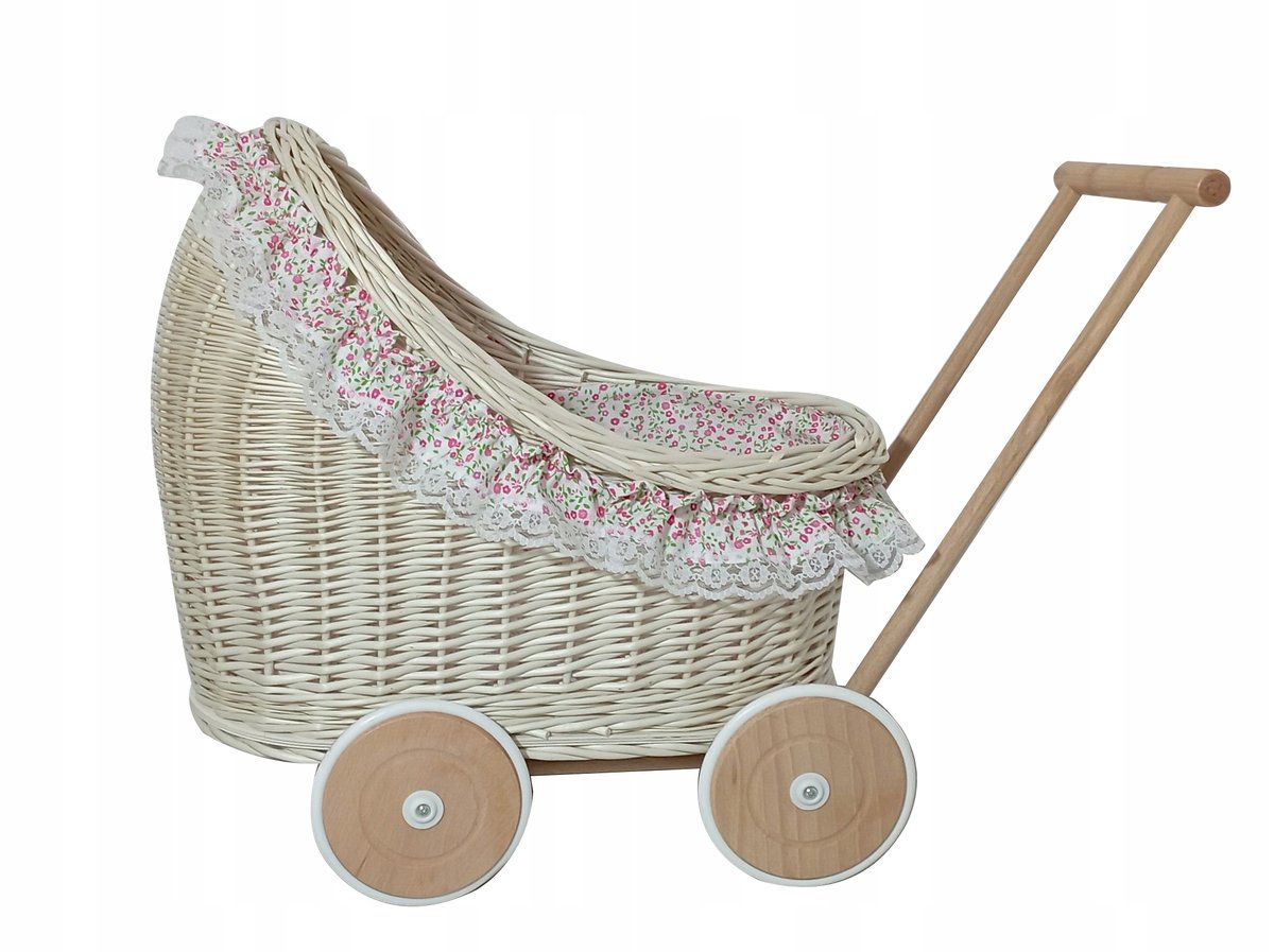 Biały wózek wiklinowy dla lalek pchacz z POŚCIELĄ
