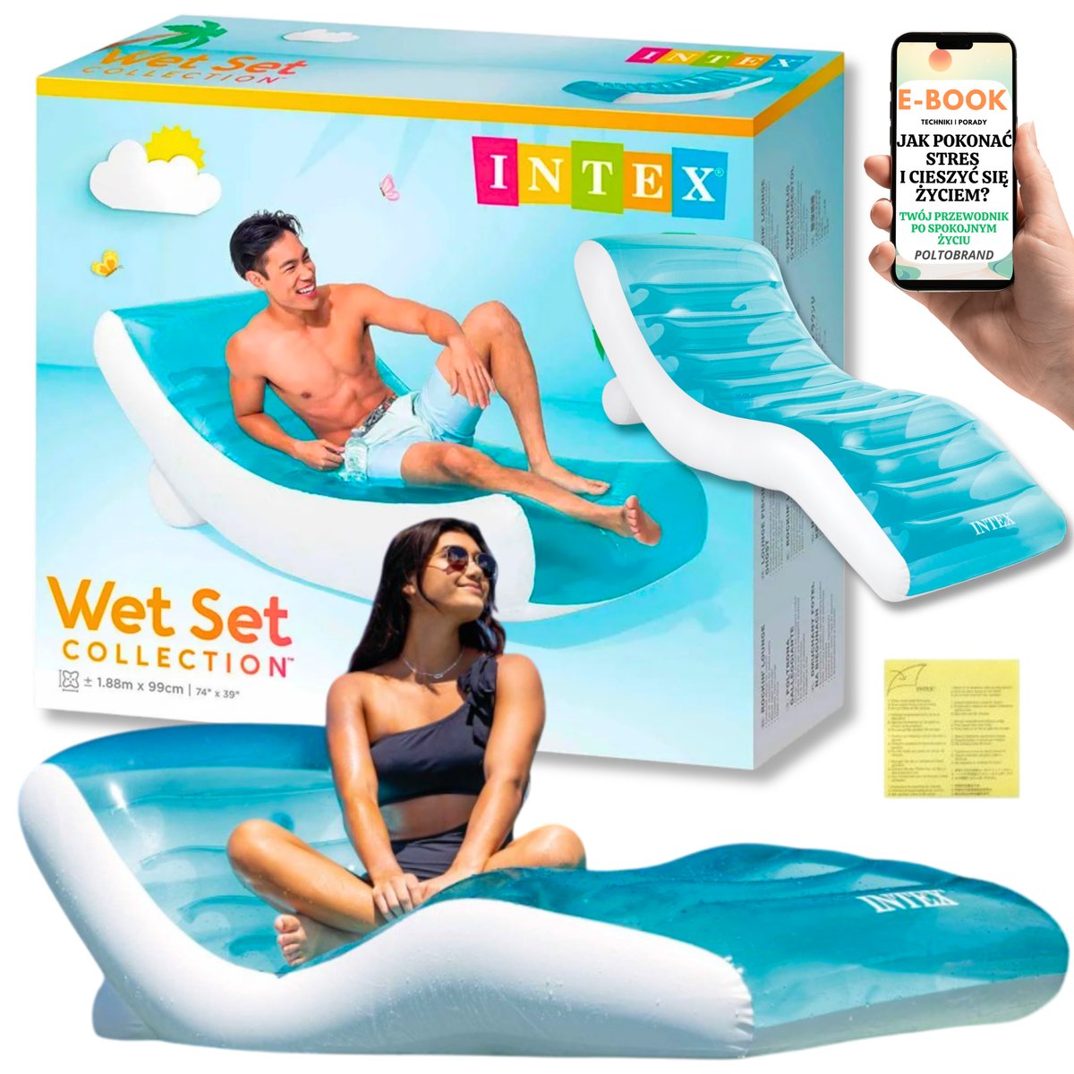 MATERAC PLAŻOWY DO WODY INTEX DO PŁYWANIA DMUCHANY FOTEL LEŻAK NADMUCHIWANY + EBOOK-1