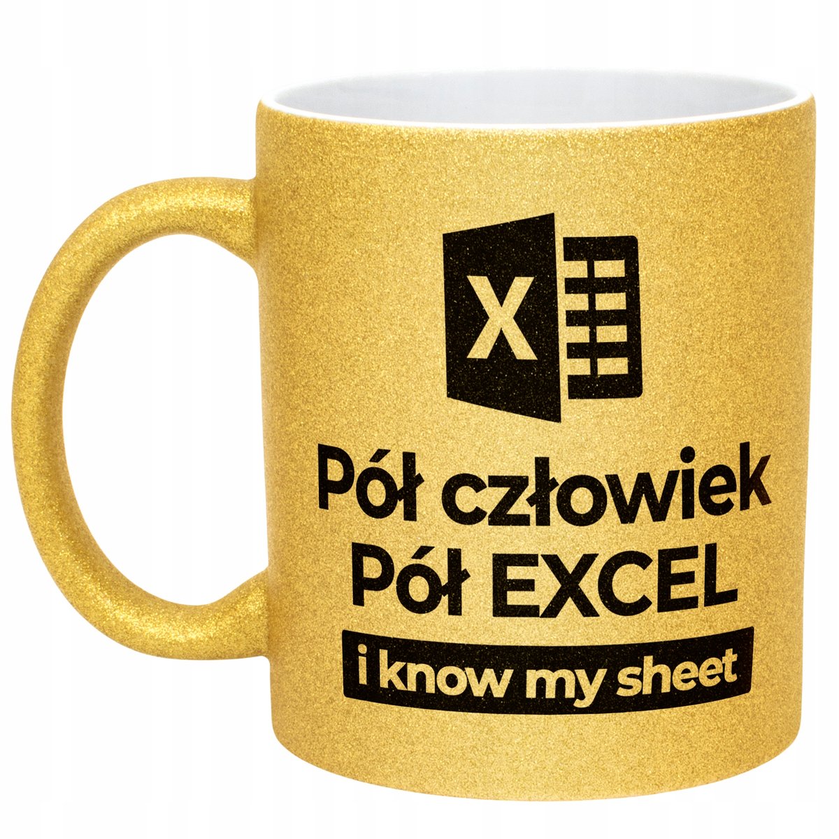 Złoty kubek brokatowy Pół Człowiek Pół Excel Praca Zabawny Prezent