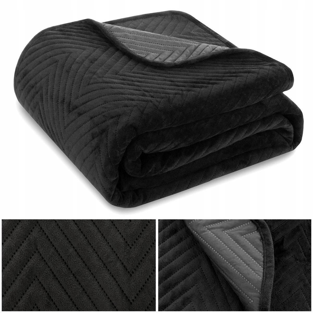 NARZUTA na fotel 70x160 WELUROWA velvet pikowana kapa pled Caden CZARNA