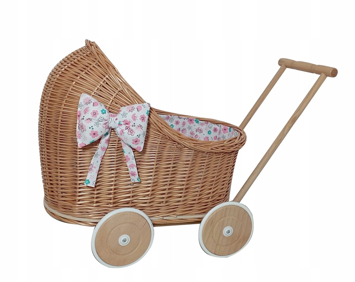 Naturalny wózek wiklinowy dla lalek z pościelą