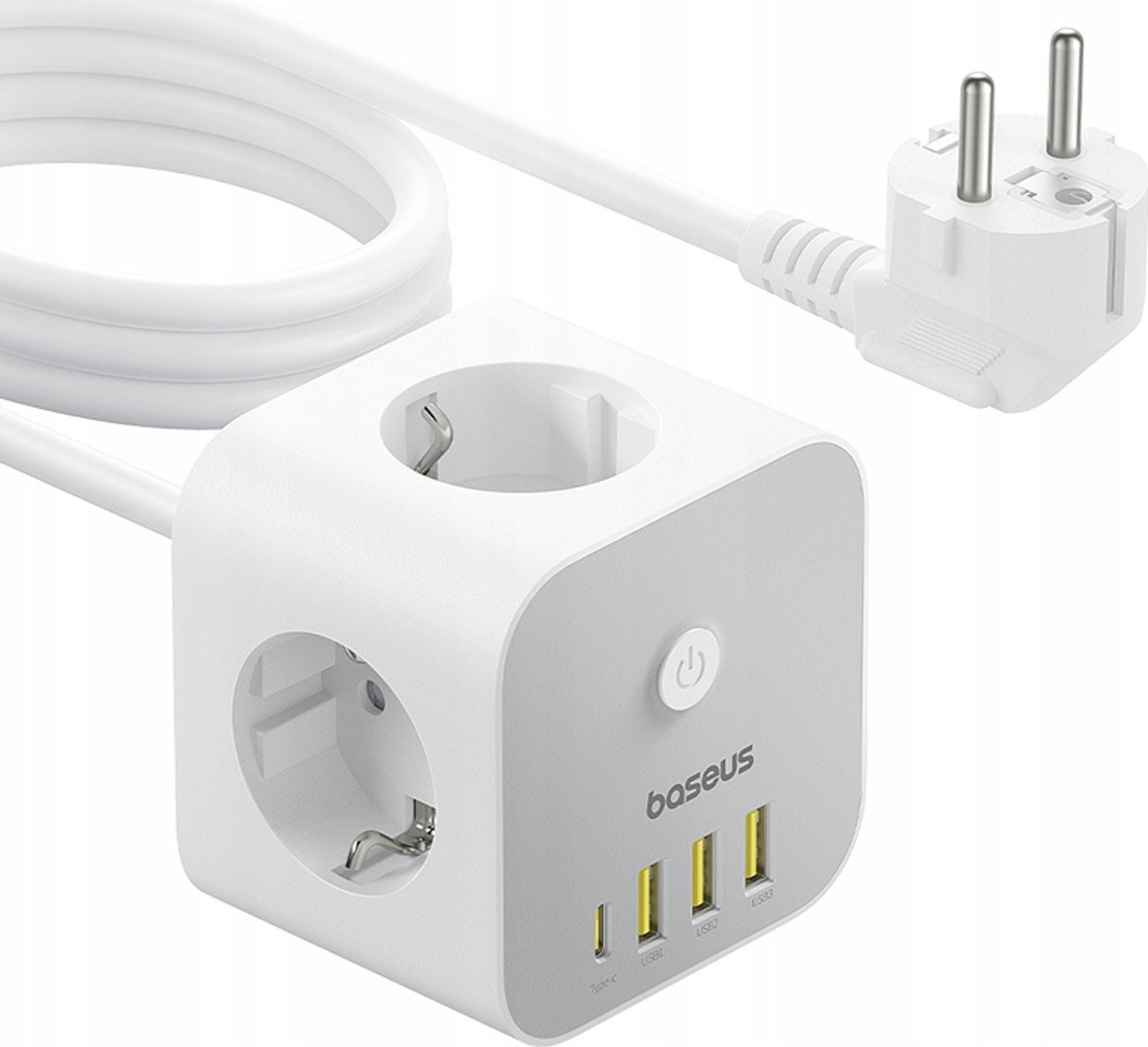 Kostka listwa zasilająca Baseus PowerCombo 7 w 1, 3 AC + 3 x USB-A + 1 x USB-C 20W 1,5 m - biała